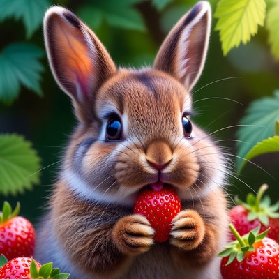 Cute bunny eating strawberry