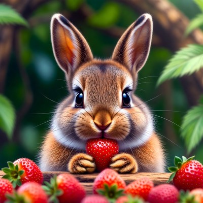 Cute bunny eating strawberry