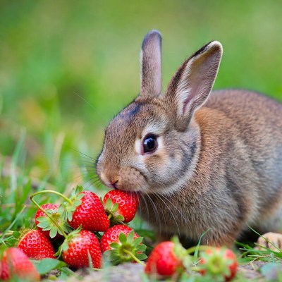 Rabbit eating strawberries