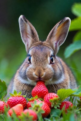 Rabbit eating strawberry in garden