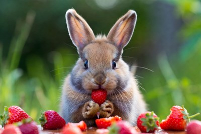 Rabbit eating strawberry