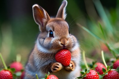 Baby bunny eating strawberry