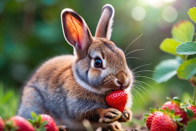 Rabbit eating strawberry