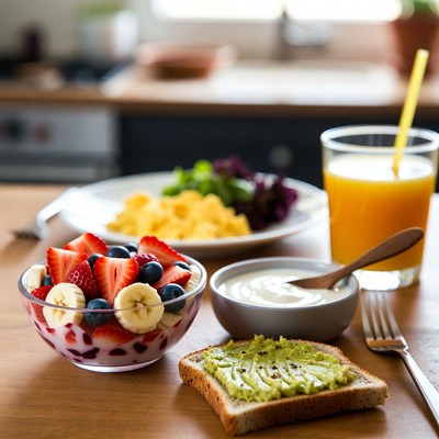 Healthy Breakfast with Fruit Yogurt and Avocado Toast