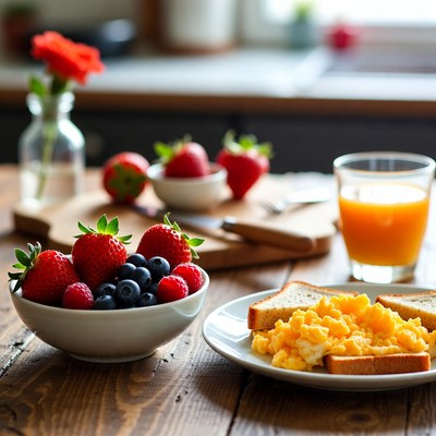 Breakfast with berries, eggs, and orange juice