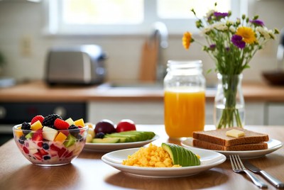 Healthy Breakfast with Fruit Bowl and Eggs