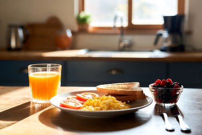 Breakfast Plate with Eggs, Toast, Berries