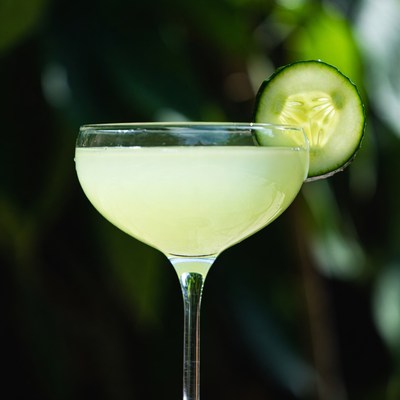 Cucumber Garnish on Pale Green Cocktail