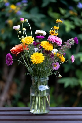 Colorful wildflowers in glass jar