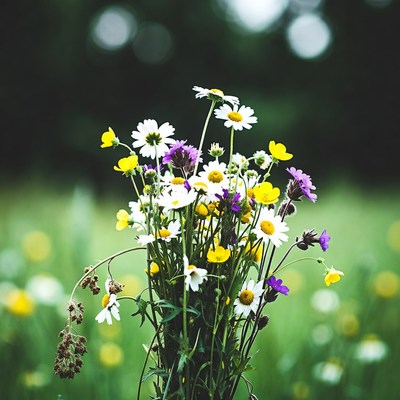 Bouquet of white yellow purple wildflowers