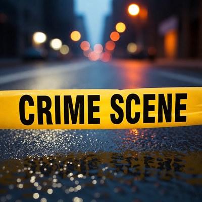 Crime Scene Tape on Wet Urban Street
