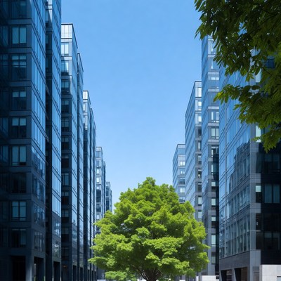 Green Tree Between Glass Skyscrapers