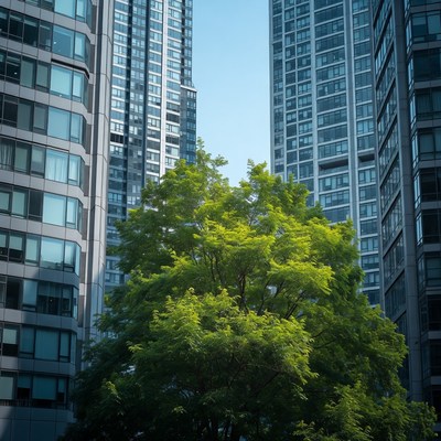 Green Tree Between Skyscrapers