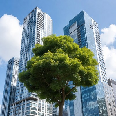 Green Tree Amid Tall City Skyscrapers