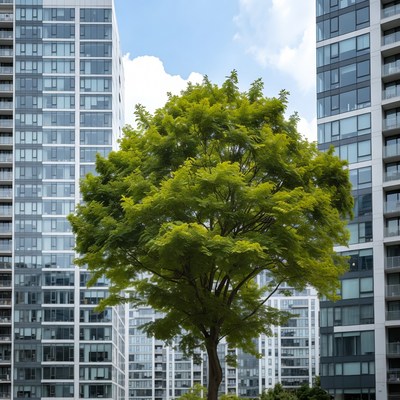 Green Tree Between Modern High-Rise Buildings