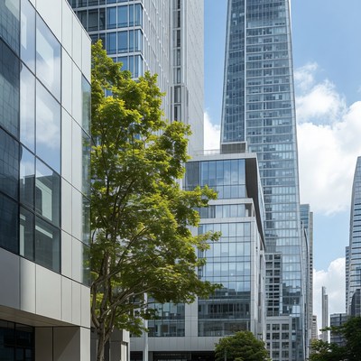 Modern Skyscrapers with Green Tree
