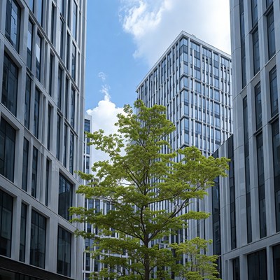 Tree Between Modern Glass Skyscrapers
