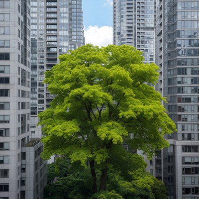 Green Tree Amid Tall Skyscrapers
