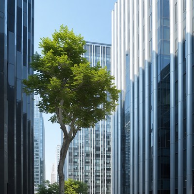 Green Tree Between Skyscrapers