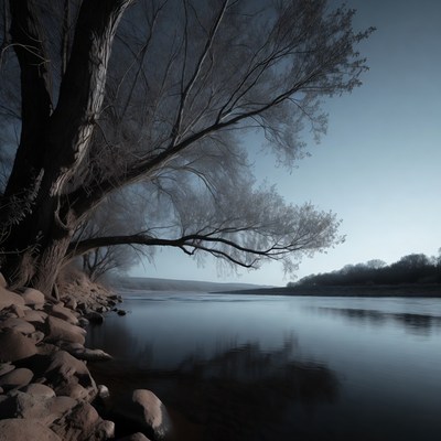 Bare Willow Tree by Riverbank