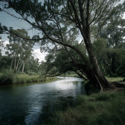 Large eucalyptus tree by river