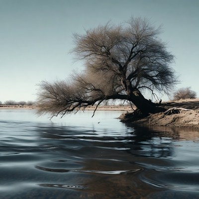 Lonely tree by calm riverbank