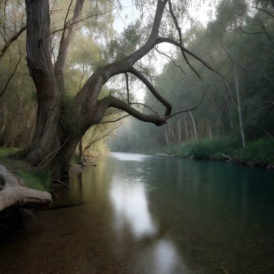 Foggy River Amid Weeping Willow Trees