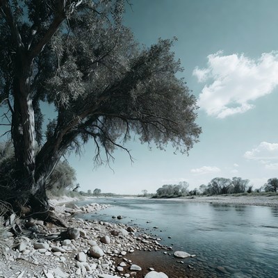 Tree by River with Pebbles