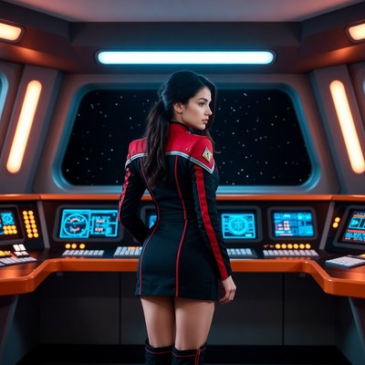 Woman in red Star Trek uniform on spaceship bridge