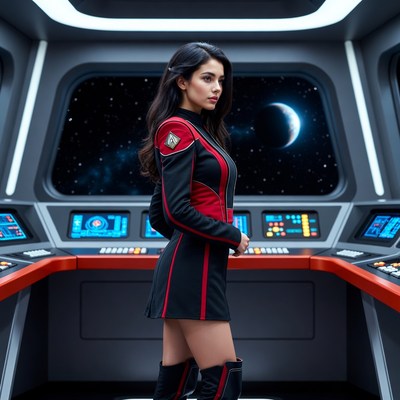 Woman in red sci-fi uniform on spaceship bridge