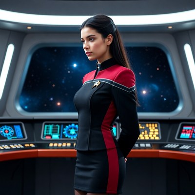 Asian woman in Star Trek uniform on spaceship bridge