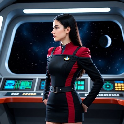 Woman in Star Trek uniform on spaceship bridge