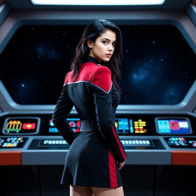 Woman in red Star Trek uniform on spaceship bridge