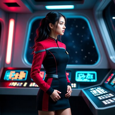 Asian woman in Star Trek uniform on spaceship bridge