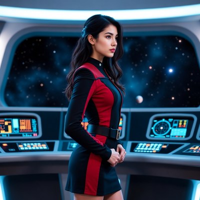 Asian woman on spaceship bridge