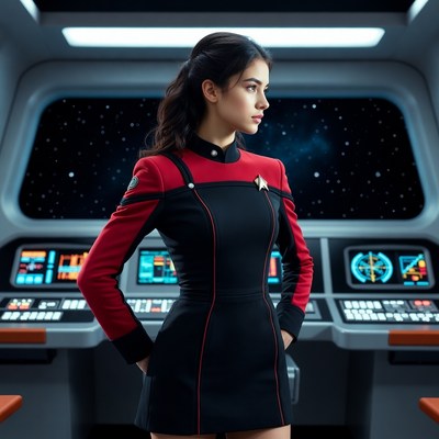Woman in Star Trek red uniform on bridge