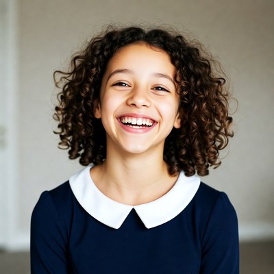 Curly-haired girl smiling happily