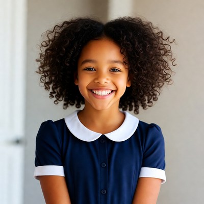 Smiling Black girl in navy school dress