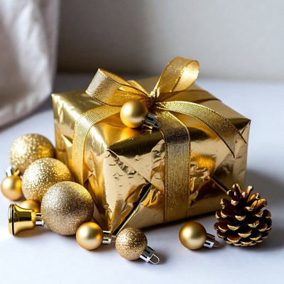 Gold gift box with ornaments