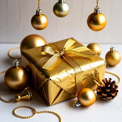 Gold Gift Box with Christmas Ornaments