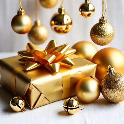 Gold Gift Box with Ornaments