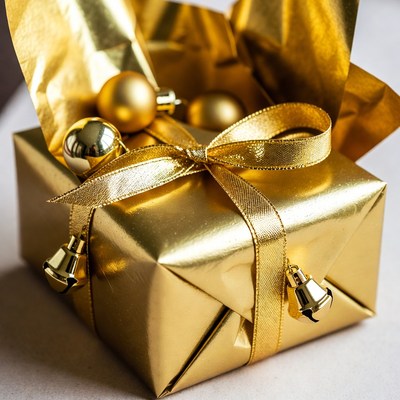 Gold gift box with bells and balls