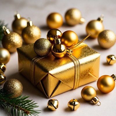 Gold Christmas Gift with Ornaments