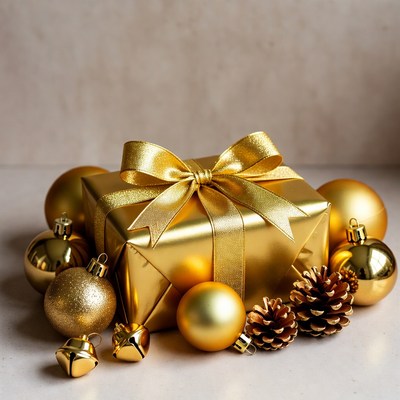 Gold Gift Box with Christmas Ornaments