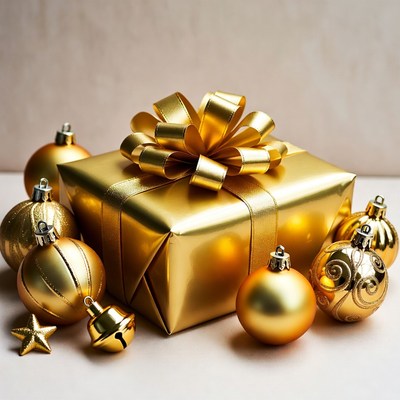 Gold Christmas Gift with Ornaments