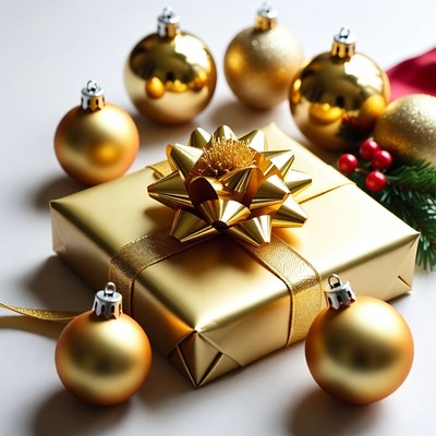 Gold gift box with ornaments