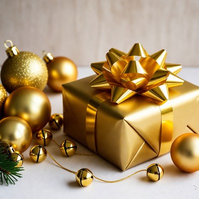 Gold Gift Box with Christmas Ornaments