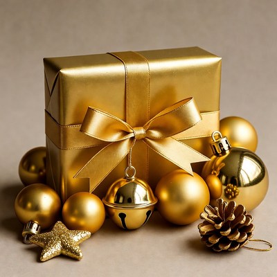 Gold gift box with ornaments