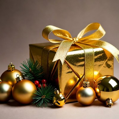 Gold Gift Box with Christmas Ornaments