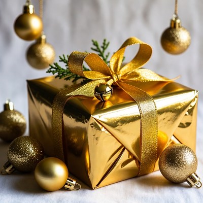 Gold Gift Box with Ornaments